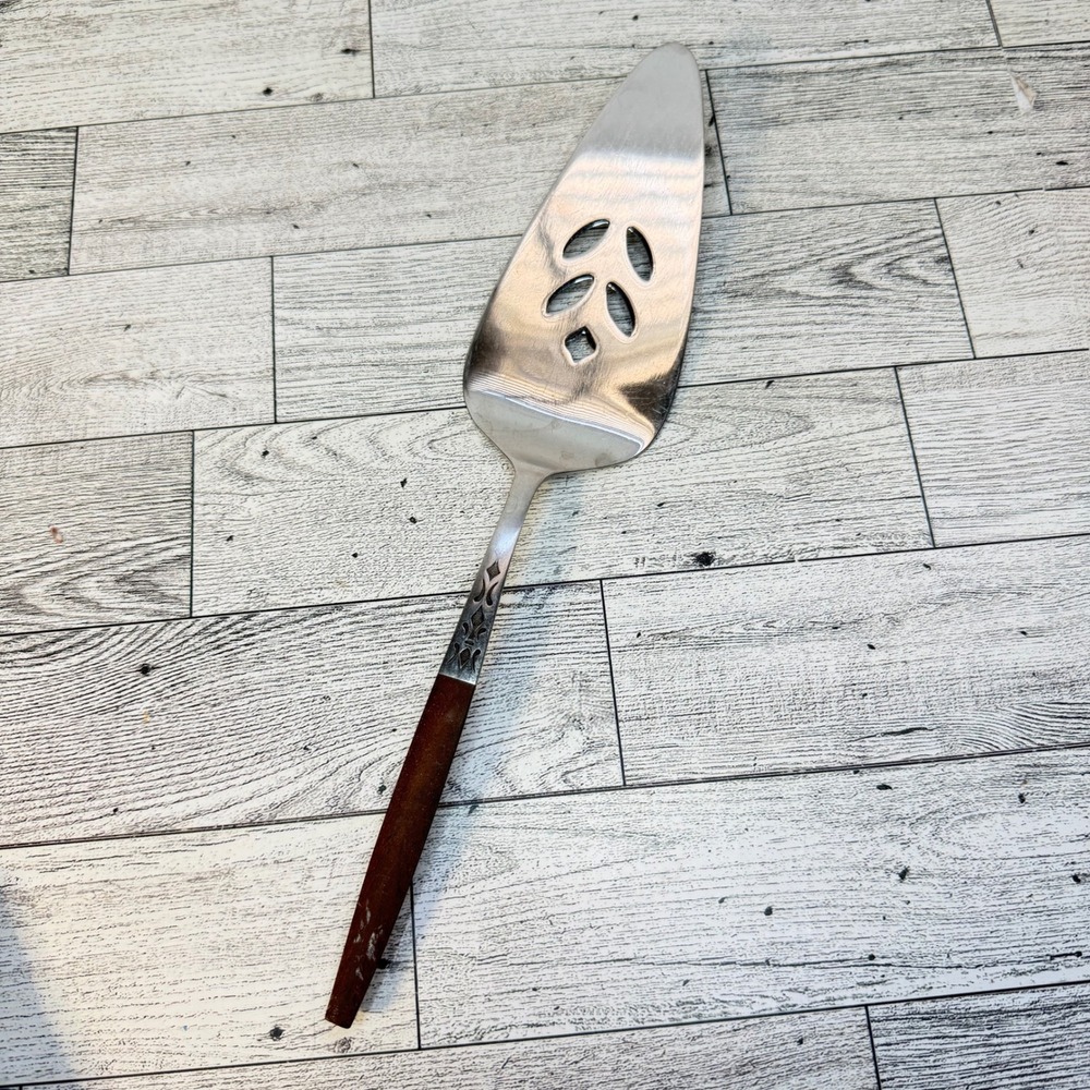 Vintage Mid Century Modern Stainless Pie Cake Server Wood Handle Leaf Cutouts